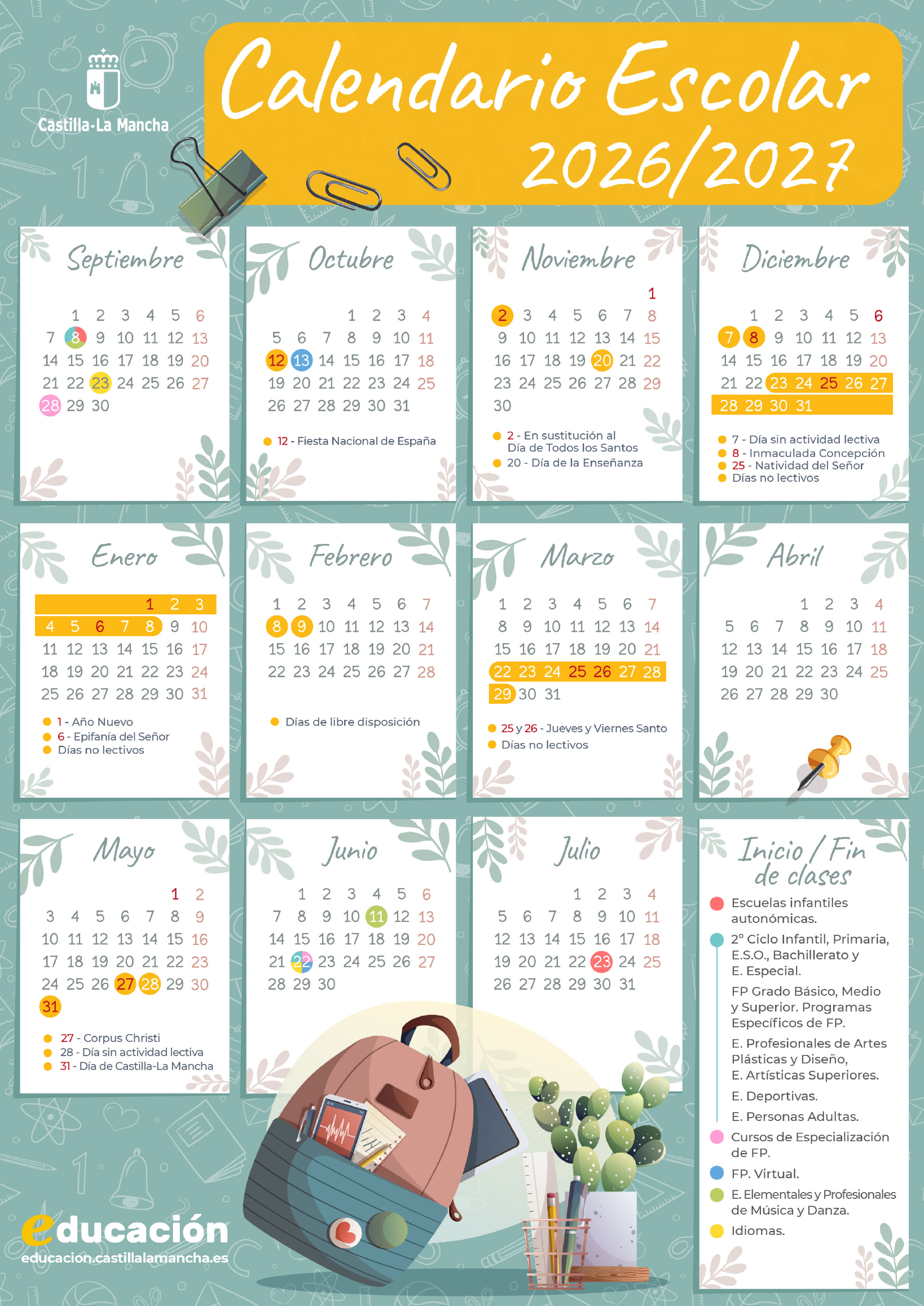 Calendario escolar 2026-2027 de Castilla-La Mancha